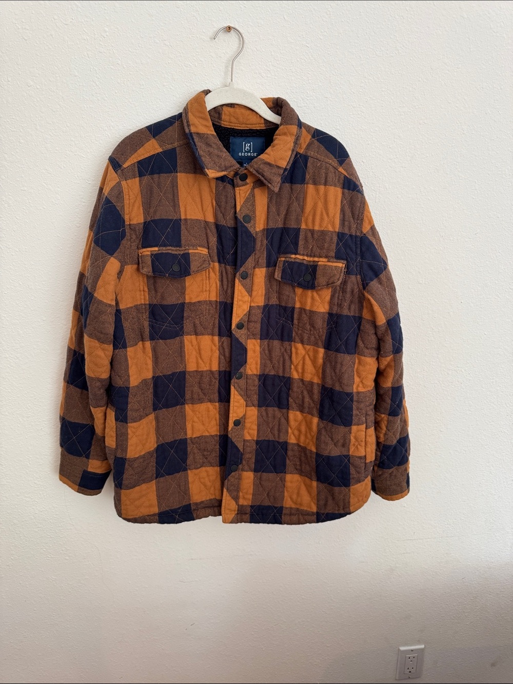 Men’s George Quilted Plaid Shirt Jacket - Orange & Navy Large